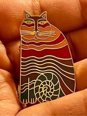 Laurel Burch Multicolor Striped Cat Enamel Pin - Red, Orange, Brown, Green